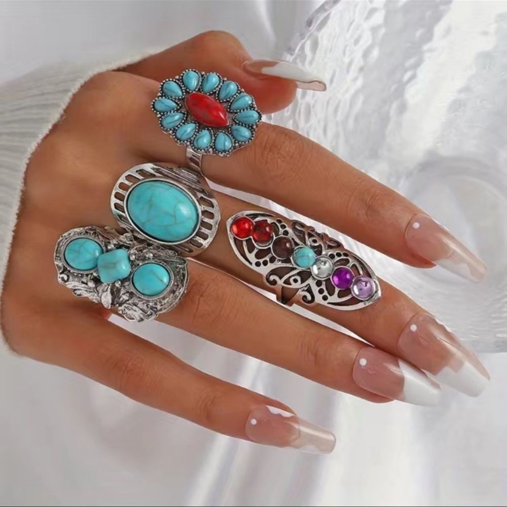 4-piece turquoise chakra bohemian ring